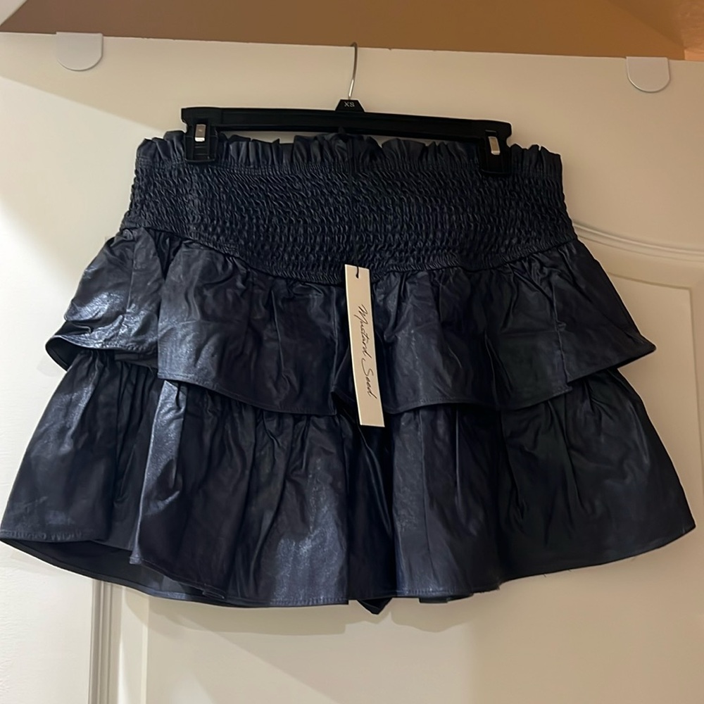 NEW Mustard Seed Navy Blue Faux Leather Smocked Ruffle Skort Skirt L